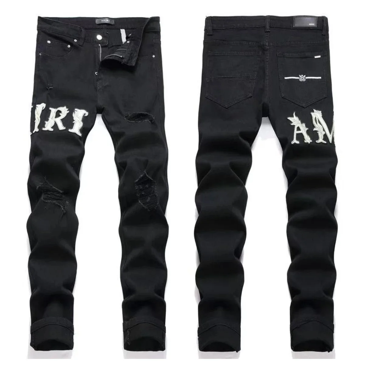 Amiri Black Distressed Embroidered Jeans