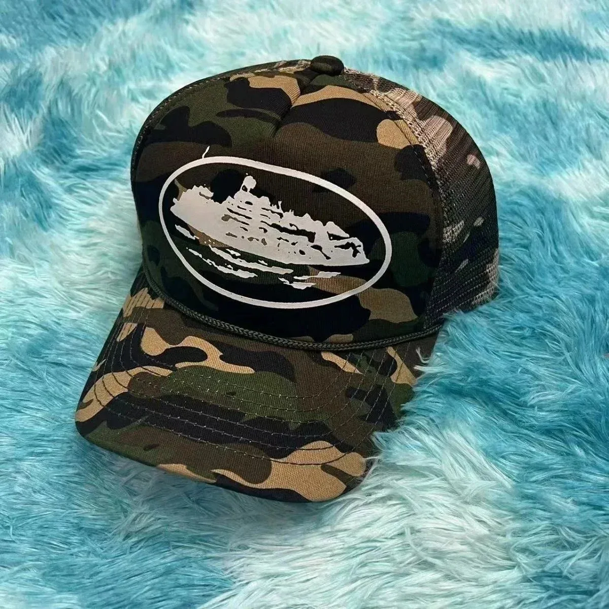 Camo Trucker Hat with Boat Graphic