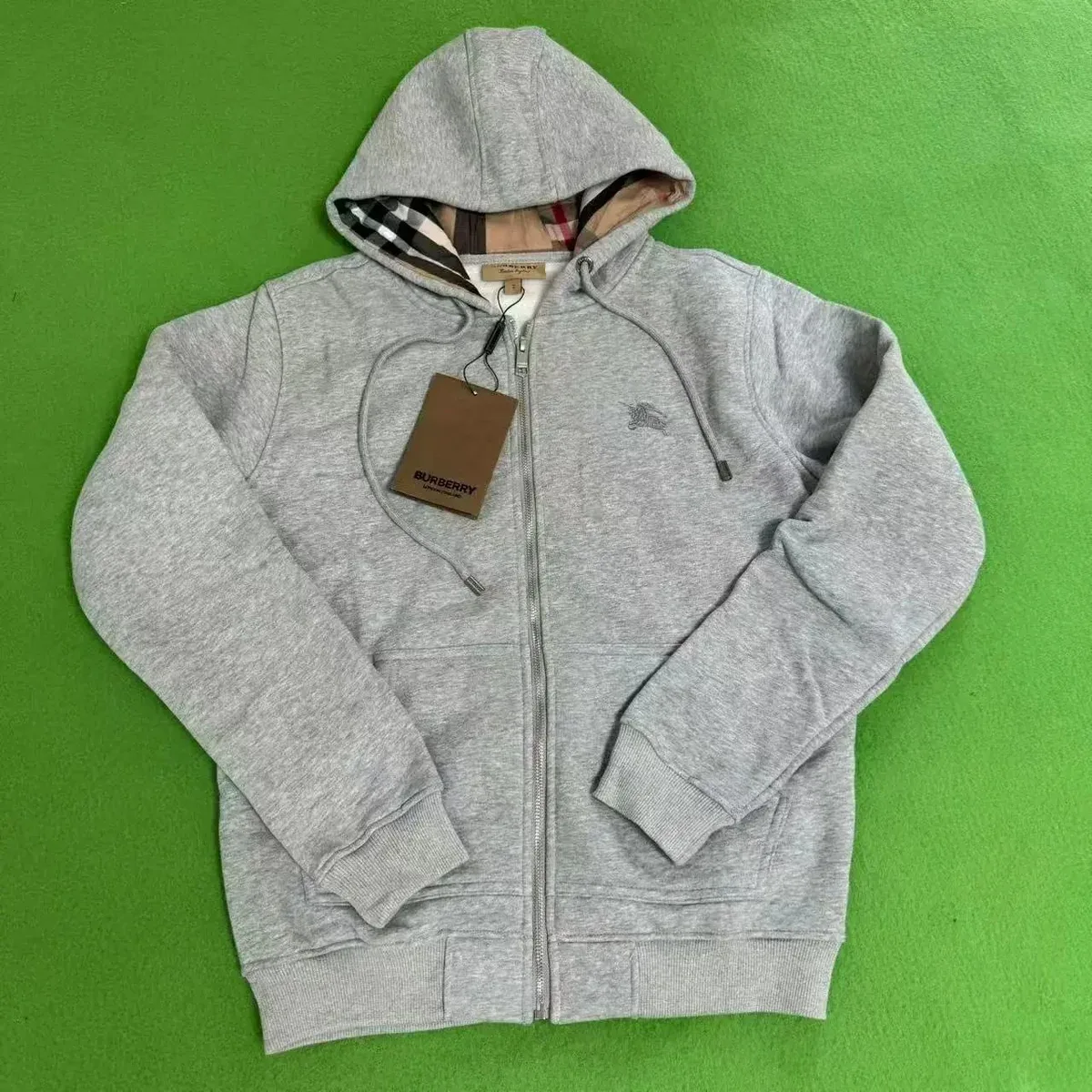 Burberry Grey Hoodie Sweatshirt with Checkered Lining